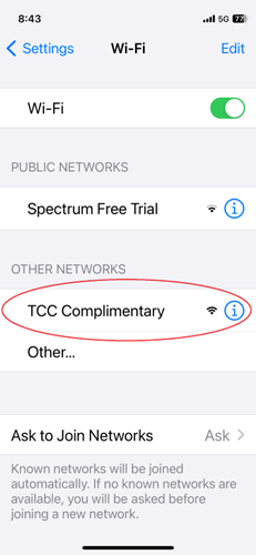 Connect to the TCC Complimentary wifi network