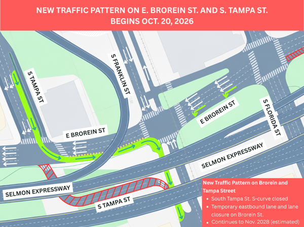 New traffic pattern on East Brorein Street and South Tampa Street