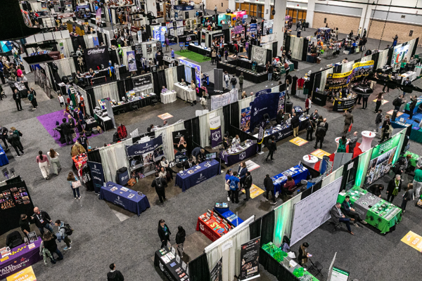 Photo of a few booths in the 2026 exhibit hall