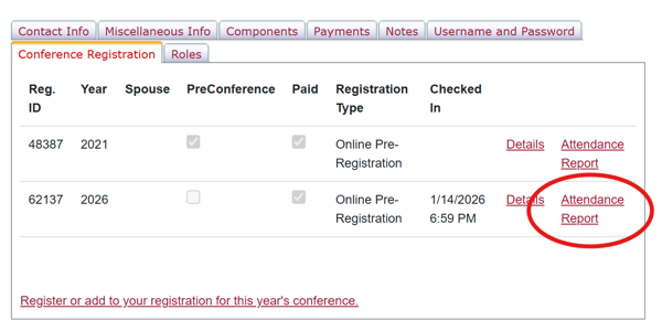 Screenshot displaying the Attendance Report link