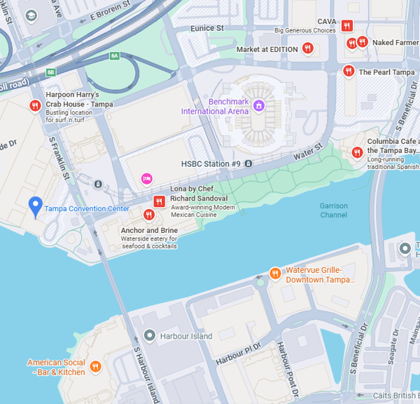 A map of restaurants near Tampa Convention Center